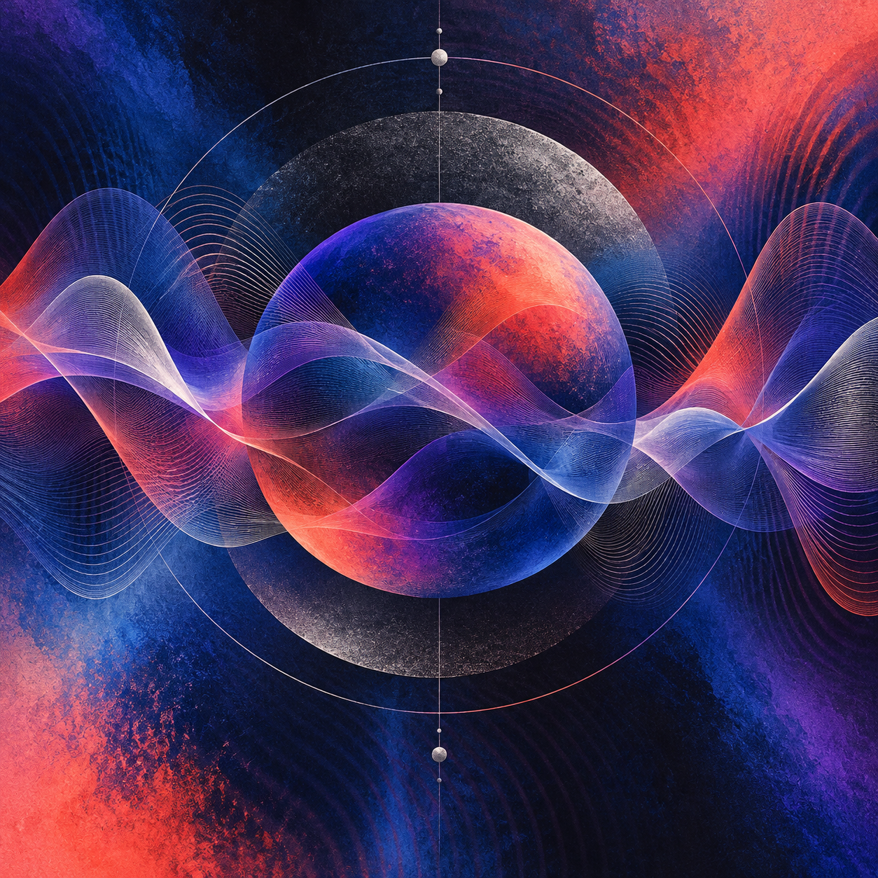 Abstract violet, cobalt, and coral waves orbiting a central sphere